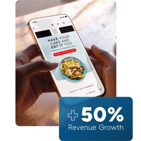 Smartphone displaying promotional food email with +50% revenue growth from Coalition Technologies’ Food Fire Knives campaign