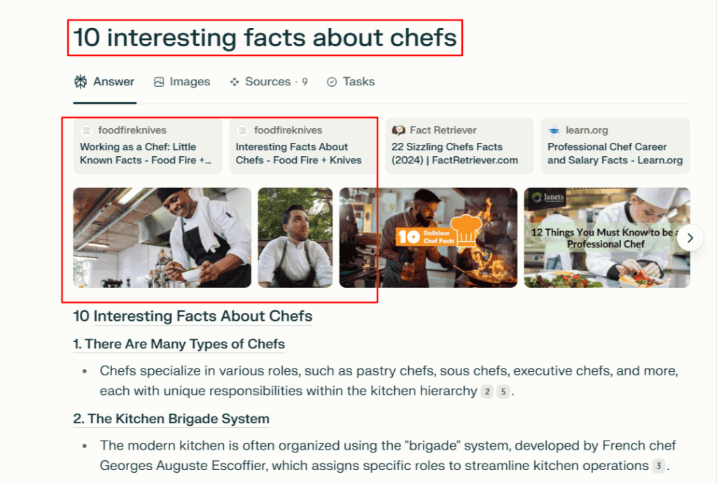 Screenshot of Food Fire Knives appearing in Perplexity for results on 10 interesting facts about chefs