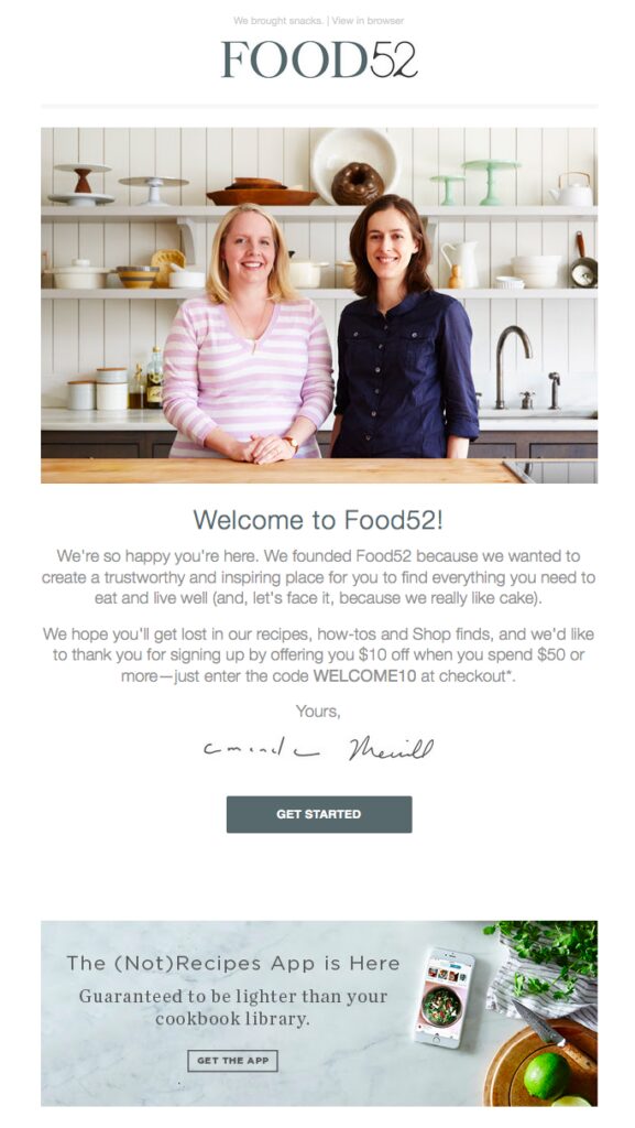  A welcome email from Food52