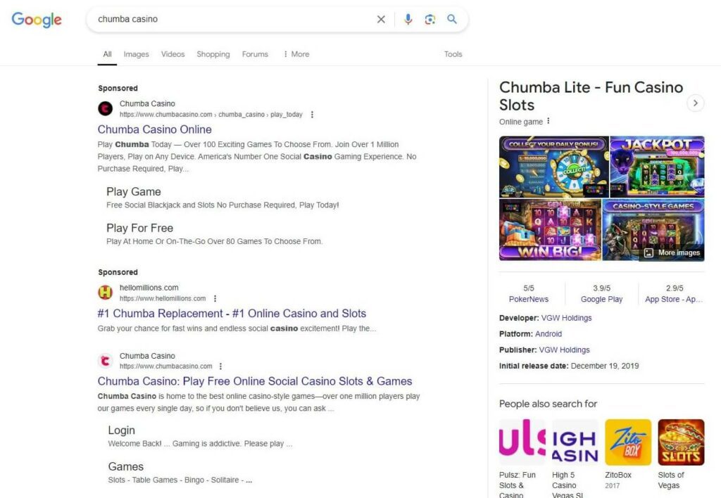 A screenshot of a Google search for “chumba casino”