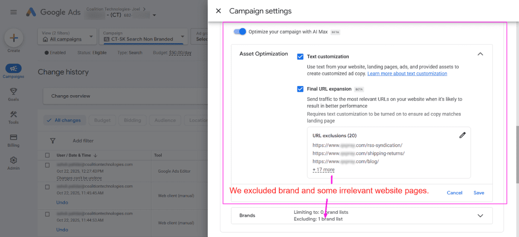 Google Ads dashboard showing excluded brand list and irrelevant URLs
