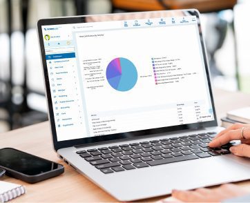 Laptop displaying Google Ads performance report with pie chart and campaign data insights