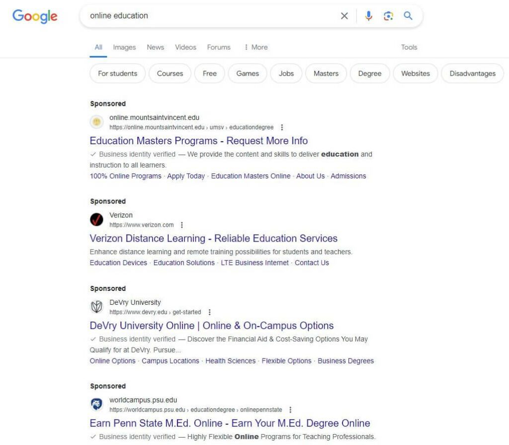 A screenshot of a Google search for “online education”
