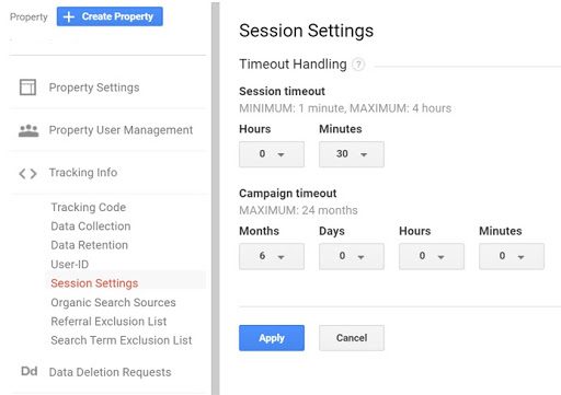 Google Analytics sessions settings