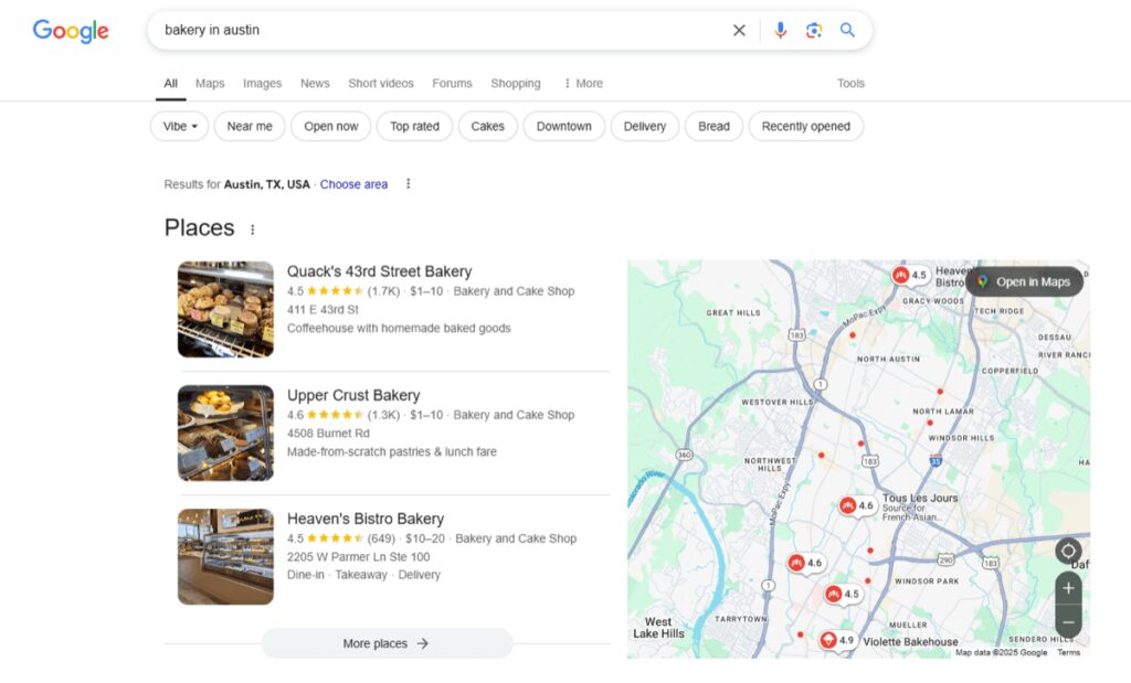 Google search results for bakeries in Austin