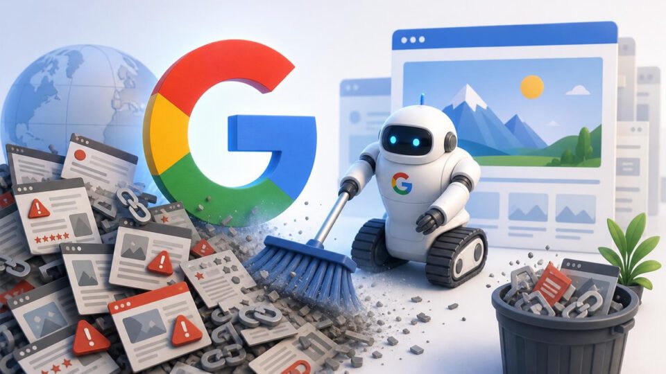 Google-branded robot sweeping spammy web pages, warning icons, and broken links away from search results.