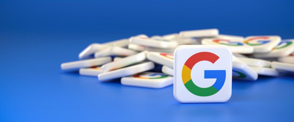The Google logo on tiles on a blue background