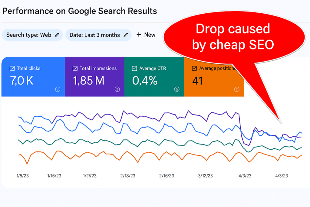 A mockup of the Google Search Console showing traffic decline