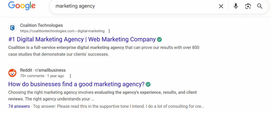 Google SERPs for keyword marketing agency
