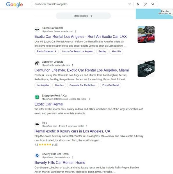 Google search query for “exotic car rental Los Angeles”
