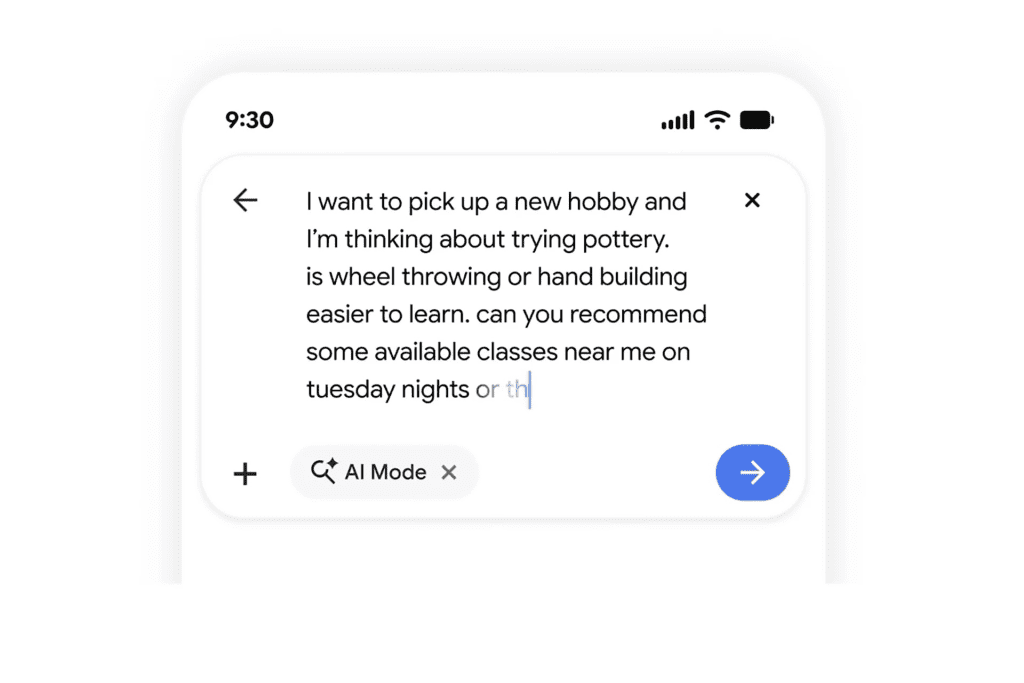 Google's new search box on a mobile screen with a long conversational query.