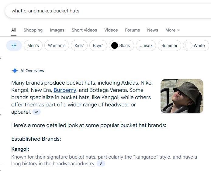 A Google search query for “what brand makes bucket hats”
