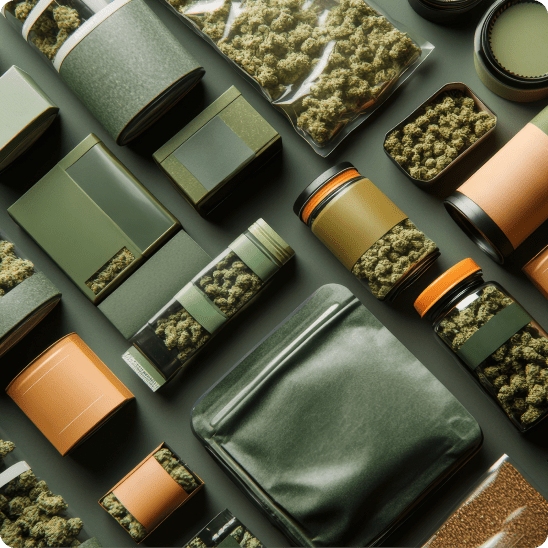 A neatly arranged flat lay of various cannabis and hemp products, including jars, tins, and pouches filled with buds, styled with a minimalist green and orange color palette.