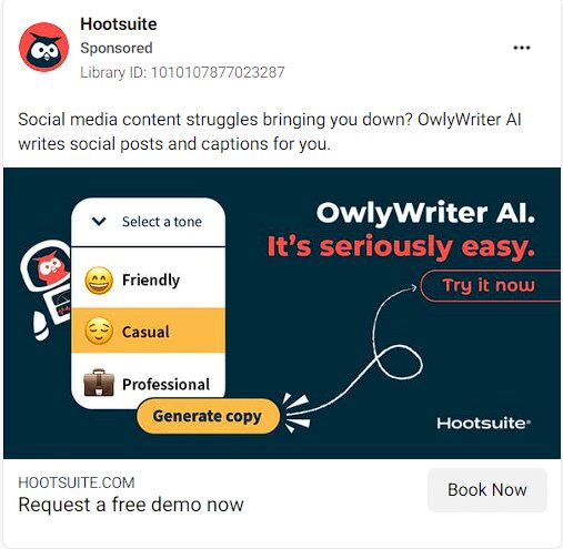 An ad from Hootsuite promoting their AI writing tool
