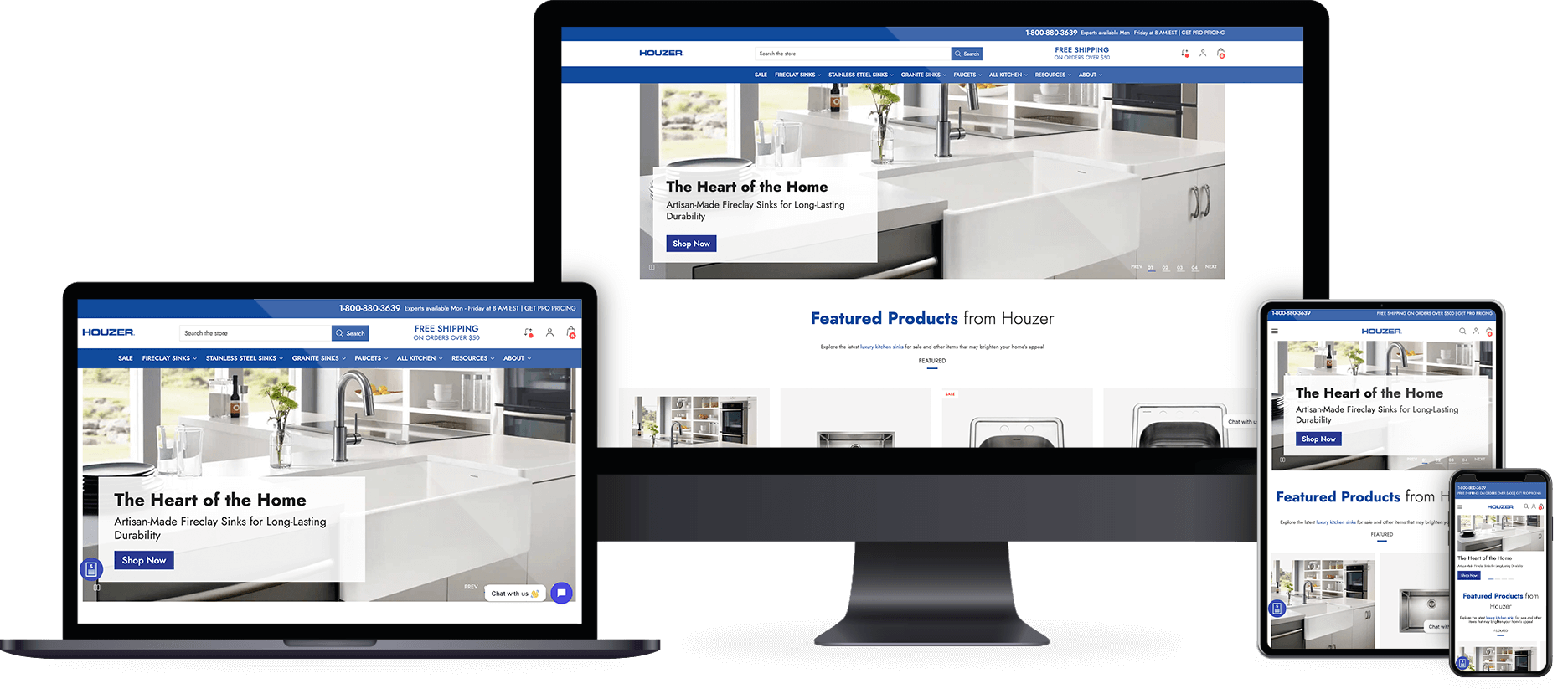 Responsive BigCommerce website design for Houzer displayed across desktop, laptop, tablet, and mobile screens