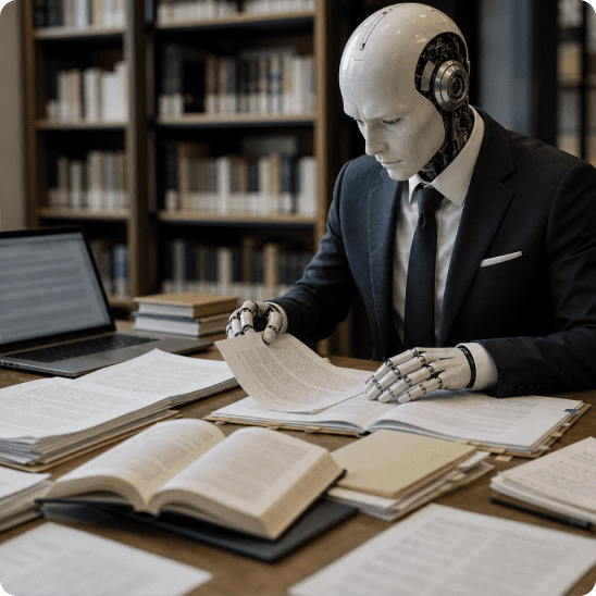 Humanoid robot reviews research documents in a library setting.