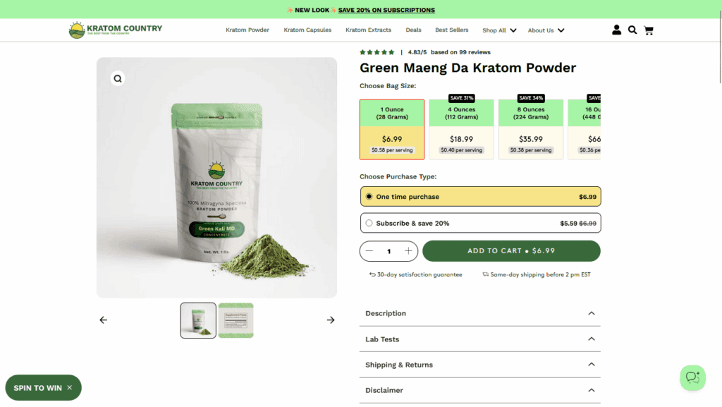 Kratom Country’s website showing how to increase average order value with optimized product pages