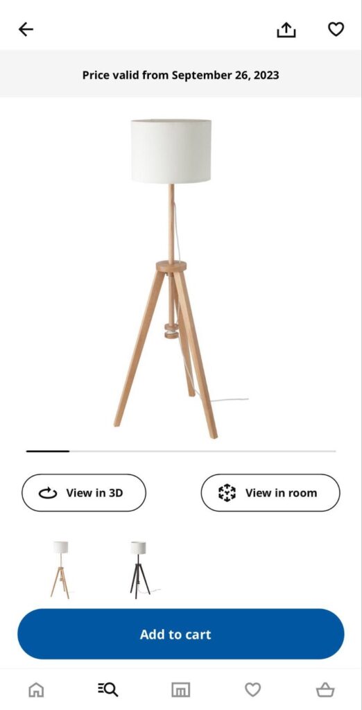 A product on IKEA with the option to view it in a room virtually using AR