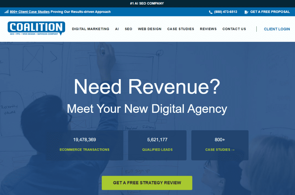 Coalition Technologies’ homepage with statistical data and case studies