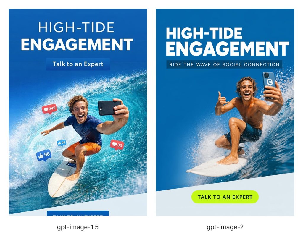 Side-by-side comparison of gpt-image-1.5 and gpt-image-2 surf banner outputs.