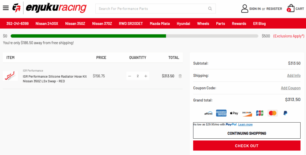 A screenshot of Enjuku Racing’s shipping threshold to improve average order values