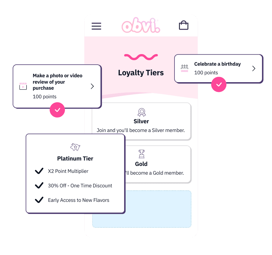 Mobile interface displaying loyalty tiers and rewards, including Silver and Gold levels, point rewards for actions like leaving a photo review or celebrating a birthday, and Platinum tier benefits.