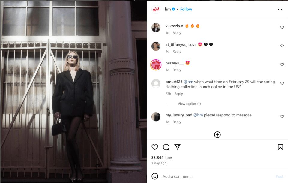 an Instagram post featuring an H&M model