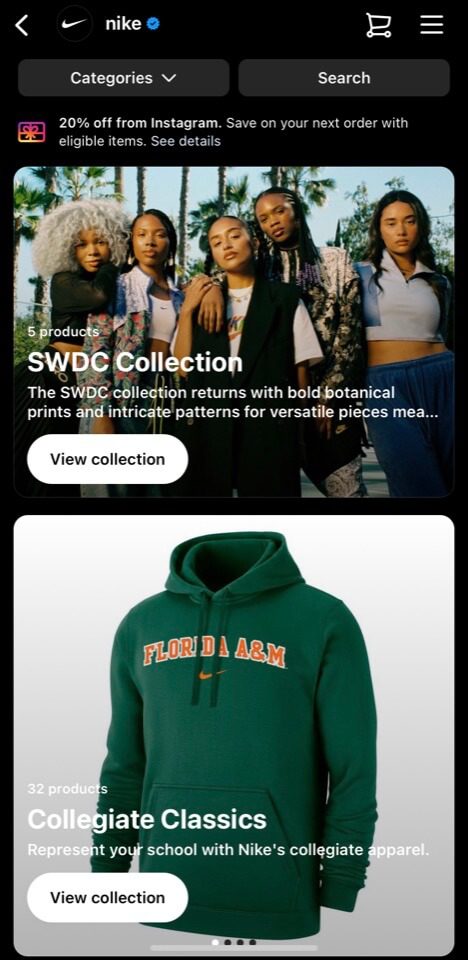Collections in Nike Instagram shop