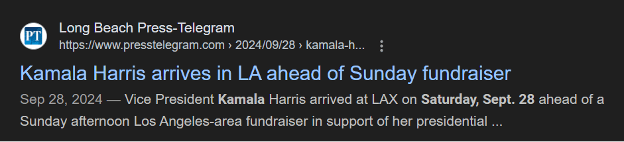 News snippet from Long Beach Press-Telegram about Kamala Harris's fundraiser event in Los Angeles on September 28, 2024.