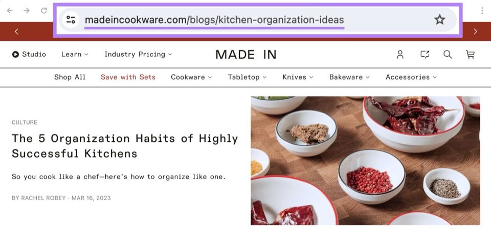 Kitchen blog with URL underlined