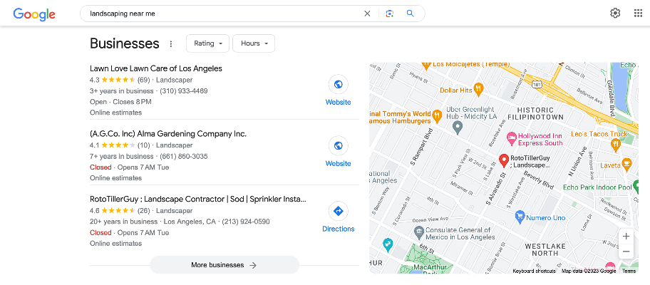Screenshot of search results and Google Business Profiles for “landscaping near me”
