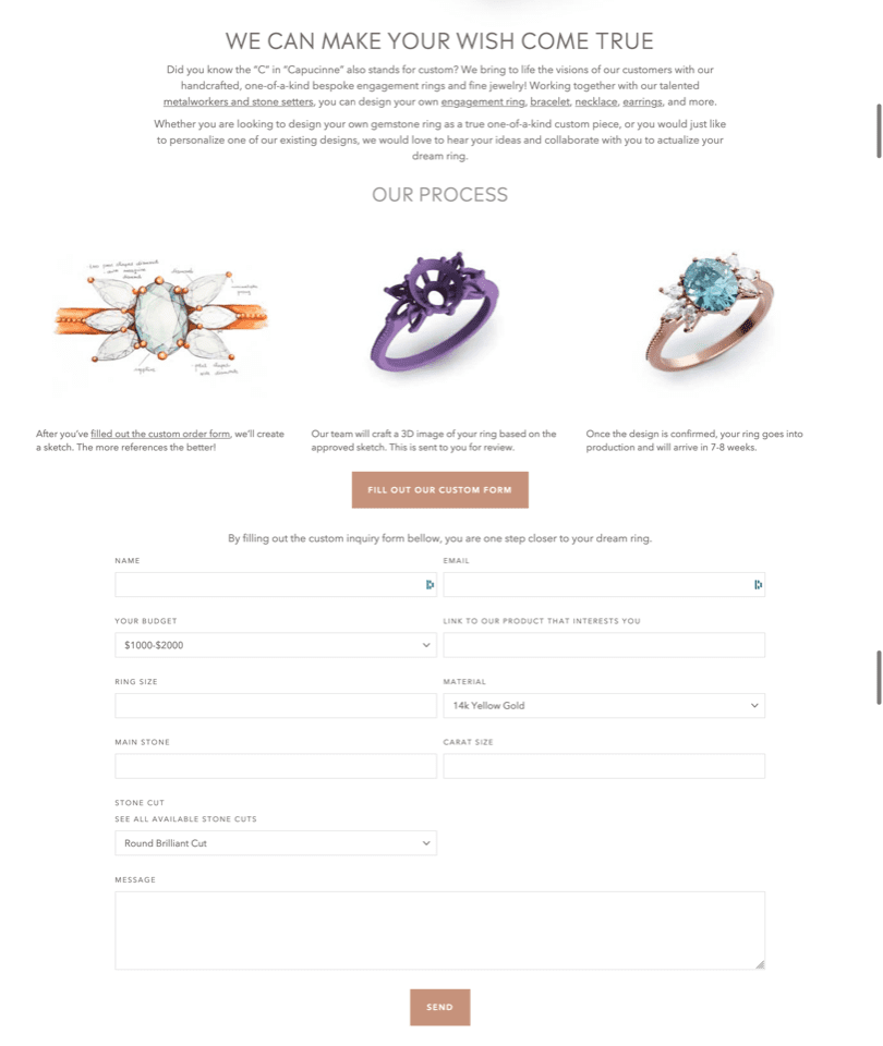 an ecommerce jewelry store landing page with an embedded contact form