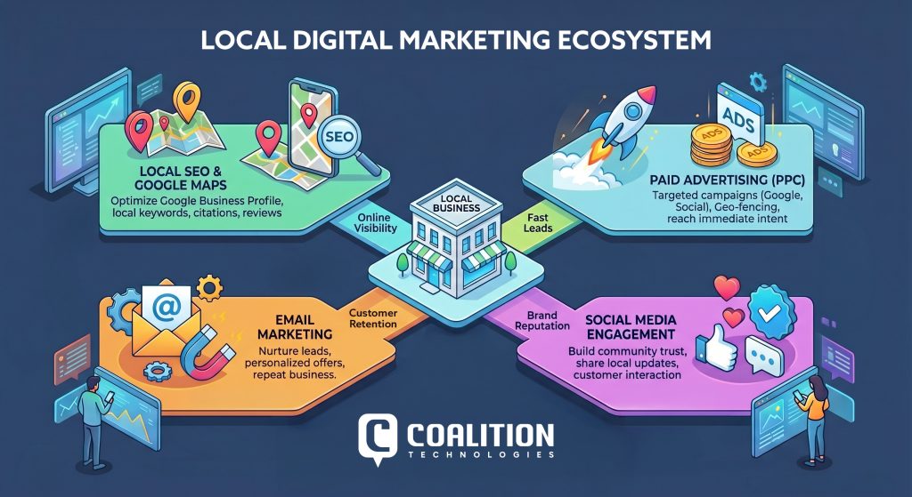 Infographic from Coalition Technologies illustrating the local digital marketing ecosystem, showing the four key pillars Local SEO, PPC, email marketing, and social media