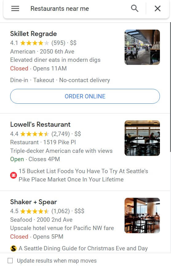 une recherche locale de restaurants