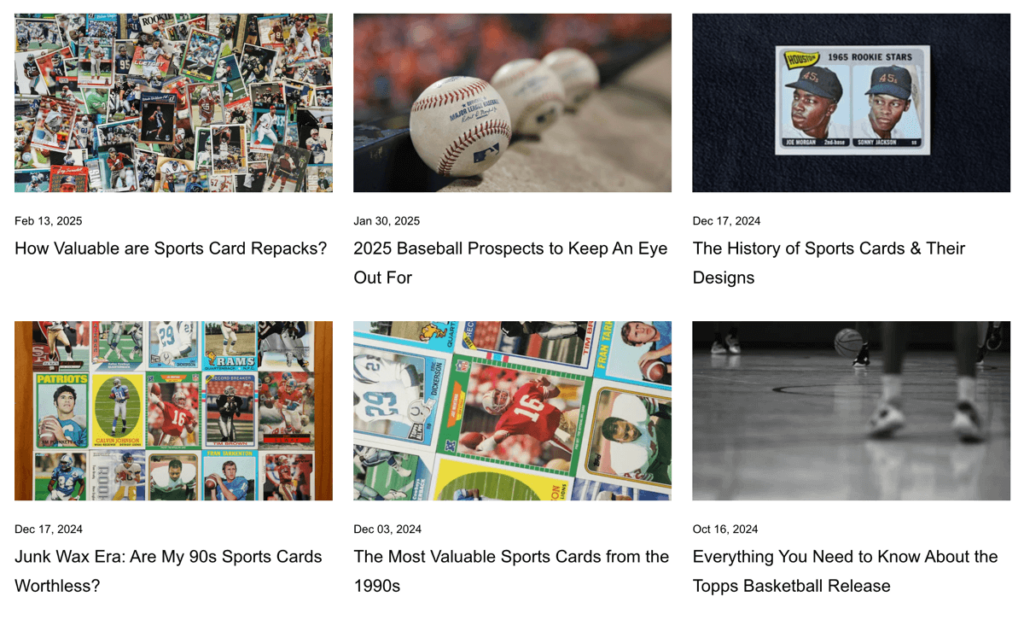 Long-form sports card blogs on a niche Shopify store