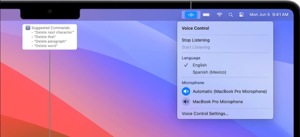 a MacOS voice user interface’s settings