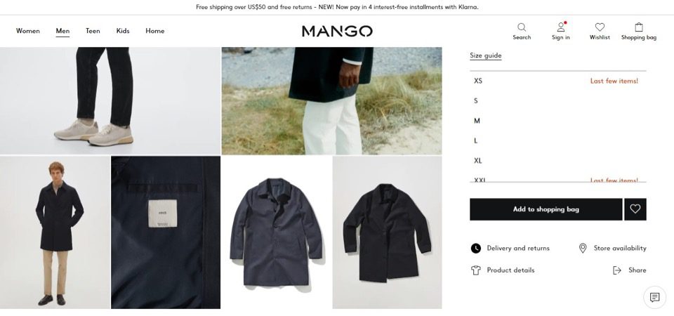 Capture d'écran de la boutique en ligne Mango montrant une veste à vendre