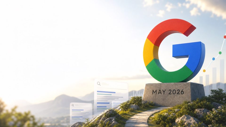 3D Google logo on a stone base marked MAY 2026, set on a sunny hill.