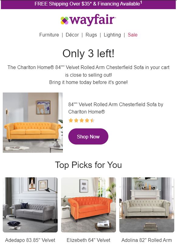 A screenshot of a Wayfair email with deep links to sofas