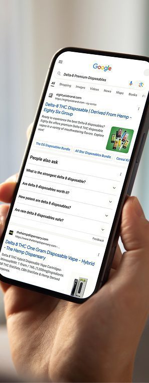 Smartphone displaying Google search results page, illustrating seo search engine optimization visibility and ranking for product queries