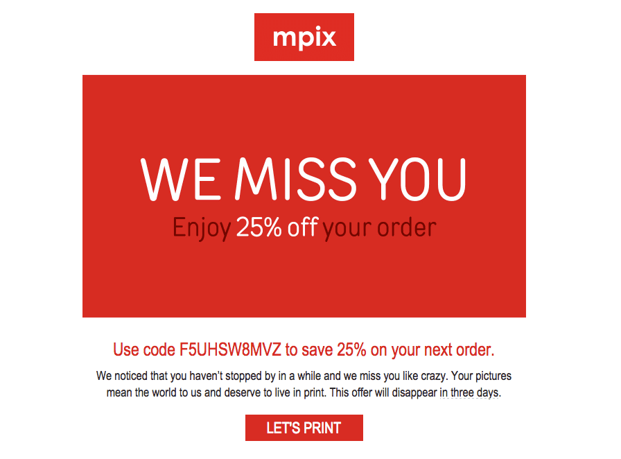 A re-engagement email from Mpix
