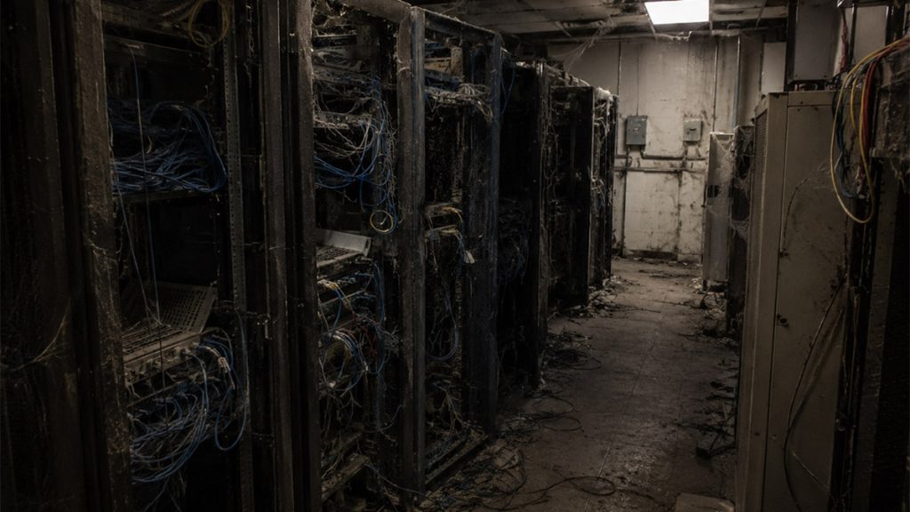 Dusty server room with aging racks and tangled cables, representing neglected technical SEO for AI visibility.