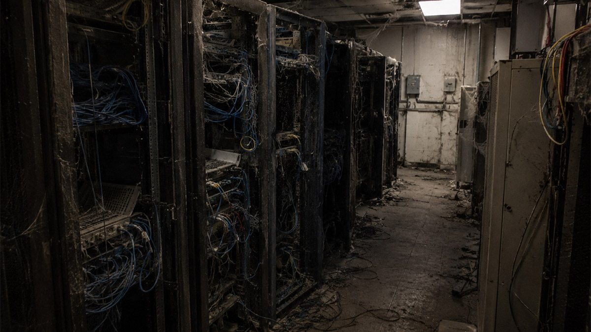 Dusty server room with aging racks and tangled cables, representing neglected technical SEO for AI visibility.