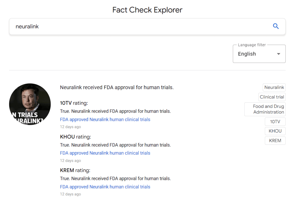 A Google fact check on neuralink being approved for human trials by FDA