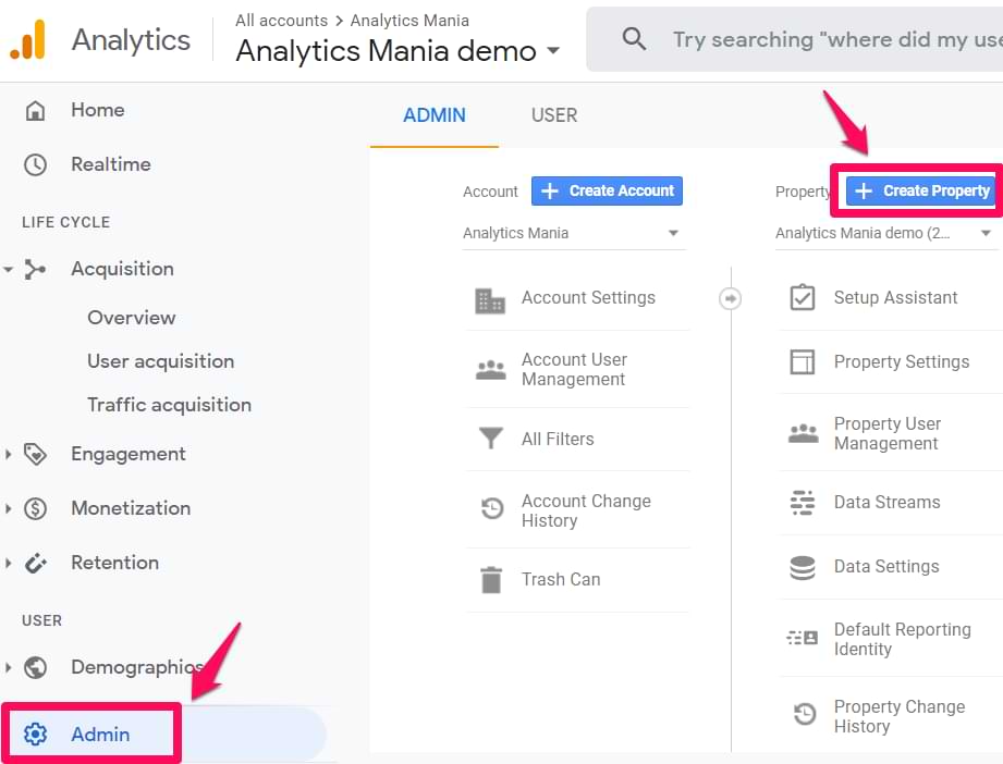 a screenshot showing how to create a new property in Google Analytics