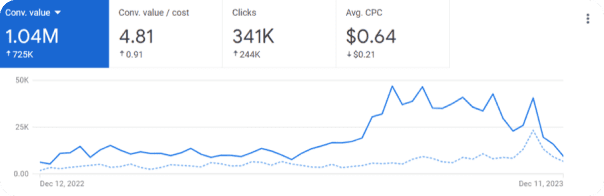 Google Ads metrics for NHV Natural Pet Products showing conversion value and clicks increasing over time, with conversion value per cost and average CPC