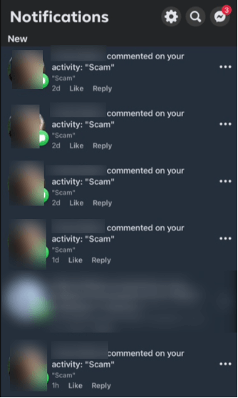 Notifications of a scammer commenting “Scam” on multiple posts.