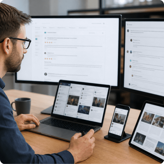 Professional reviews brand mentions across multiple digital platforms on several screens.