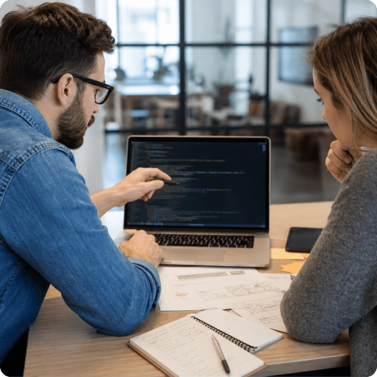 Two professionals review website code and content notes on a laptop.