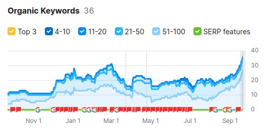 Growth in keyword ranking positions and SERP snippets within the first year.